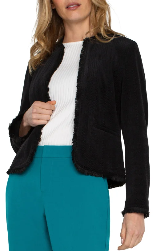 COLLARLESS JACKET WITH FRAYED EDGES