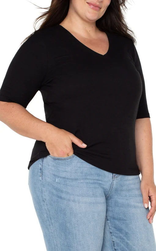 DOUBLE LAYER V-NECK RIB KNIT TOP