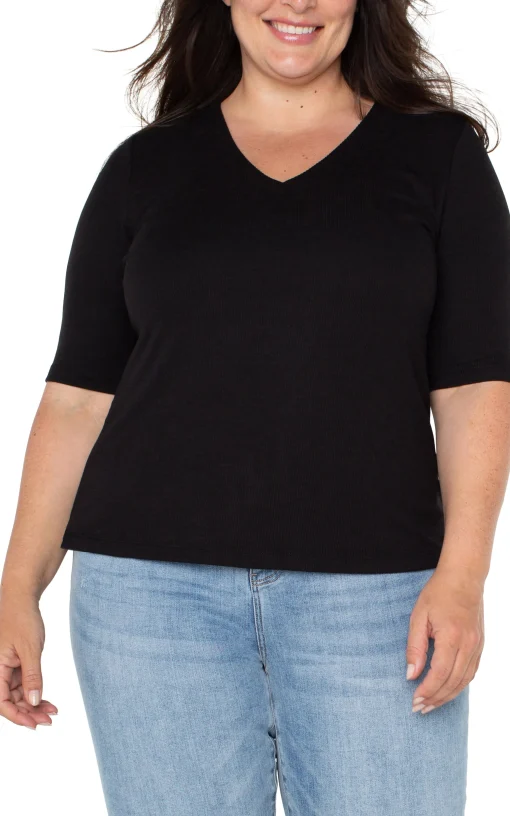 DOUBLE LAYER V-NECK RIB KNIT TOP