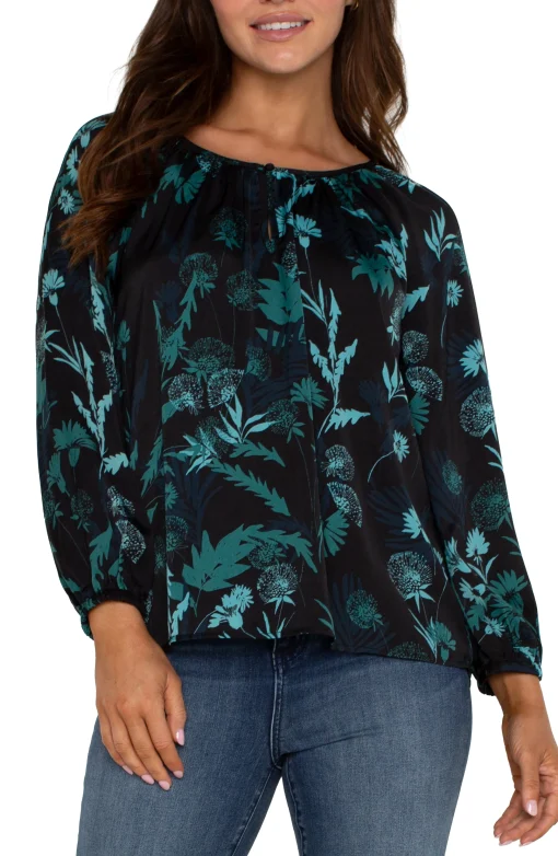 LONG SLEEVE SHIRRED WOVEN BLOUSE