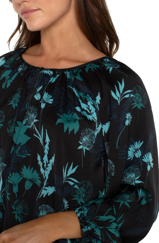 LONG SLEEVE SHIRRED WOVEN BLOUSE