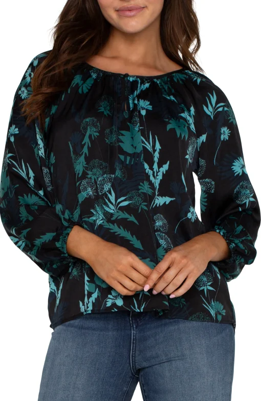 LONG SLEEVE SHIRRED WOVEN BLOUSE