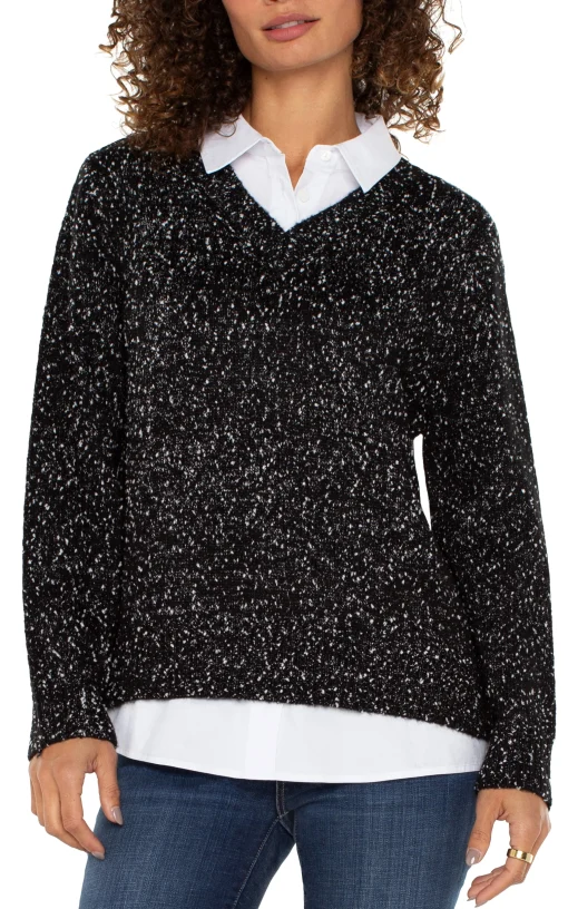LONG SLEEVE TWOFER COLLARED SWEATER