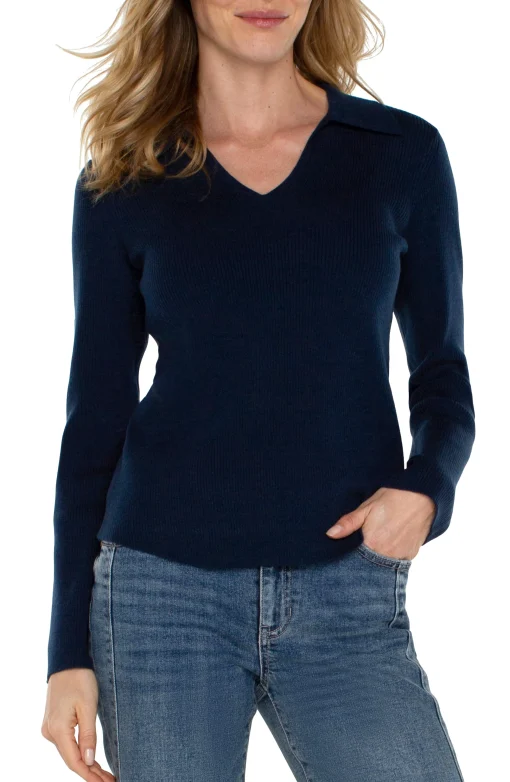 LONG SLEEVE V-NECK COLLARED SWEATER