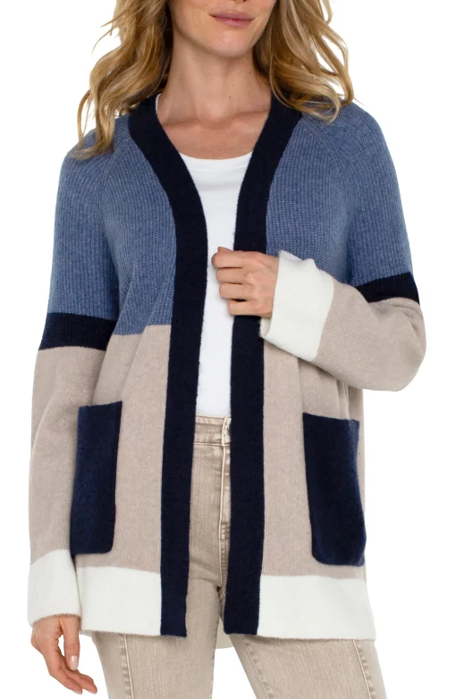 OPEN FRONT COLOR BLOCK CARDIGAN