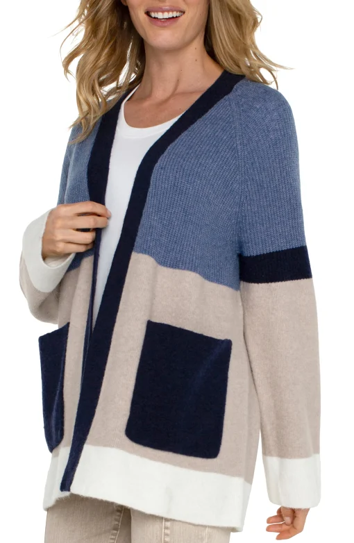 OPEN FRONT COLOR BLOCK CARDIGAN